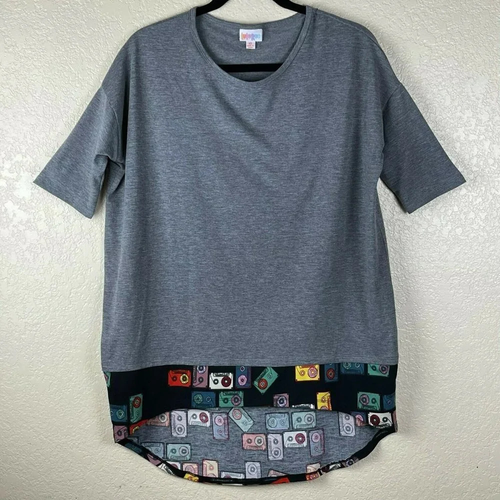LULAROE Blouse Women's Sz XS Irma Tunic Retro Cassette Tape Hi-Low Hem Gray